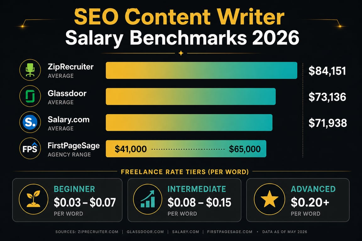 Infographic showing 2026 SEO content writer salary benchmarks from ZipRecruiter, Glassdoor, and freelance rate tiers