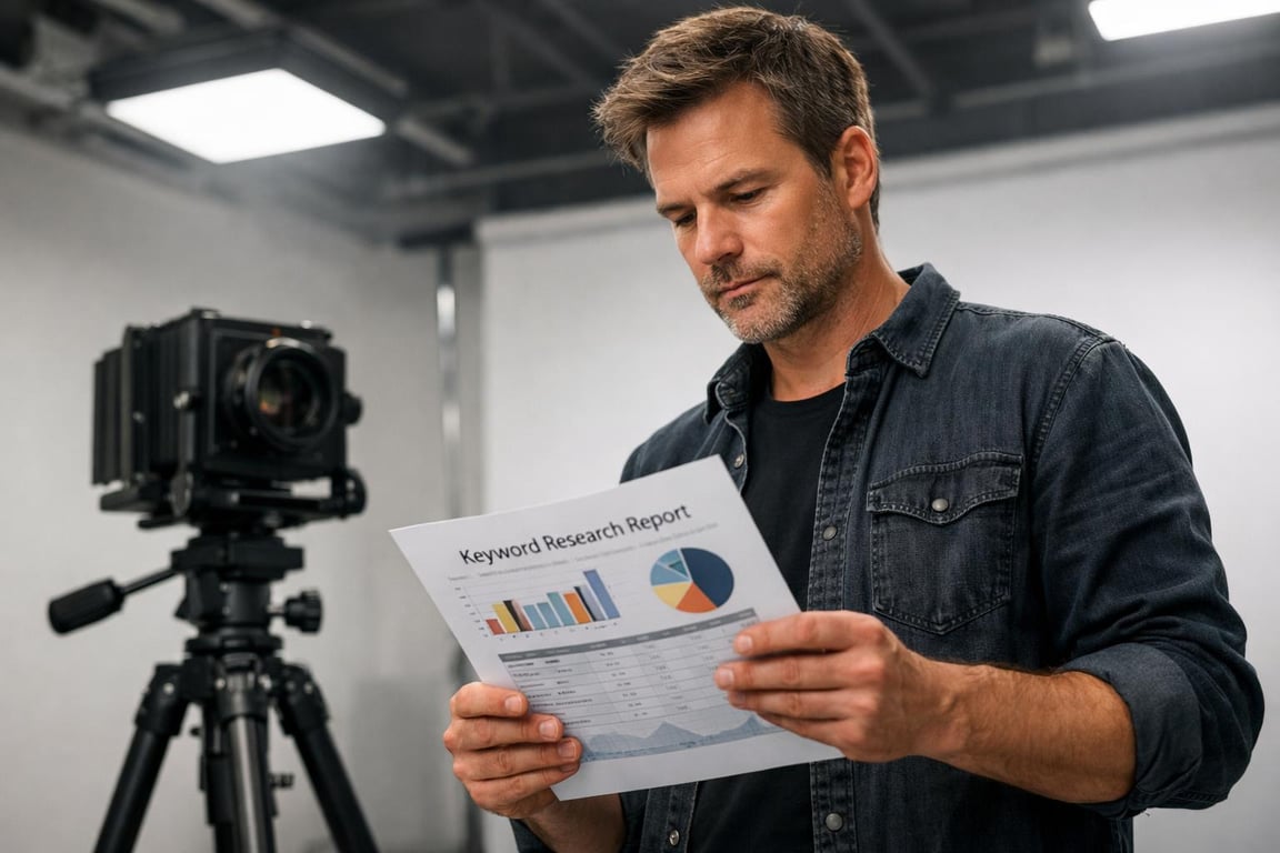 Man analyzing a keyword research report with charts and graphs in a studio setting with a professional camera on tripod.