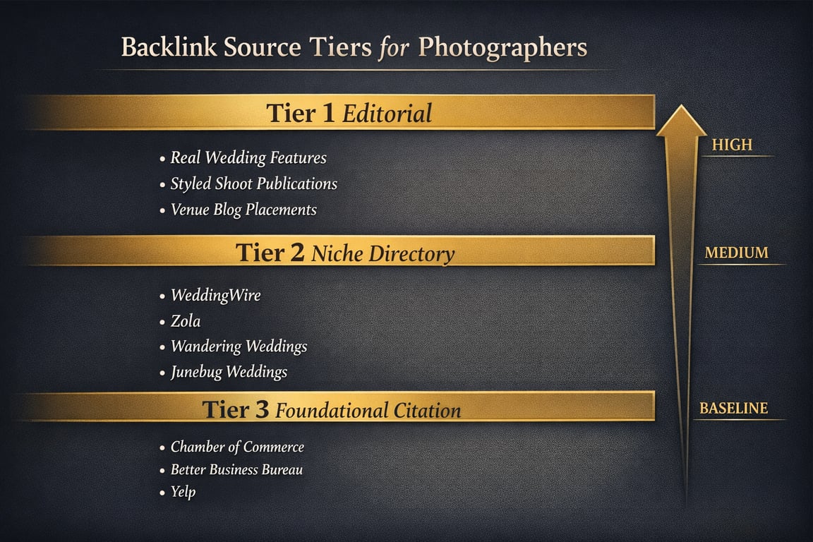 Backlink source tiers for photographers with Tier 1 editorial, Tier 2 niche directory, and Tier 3 foundational citation examples.