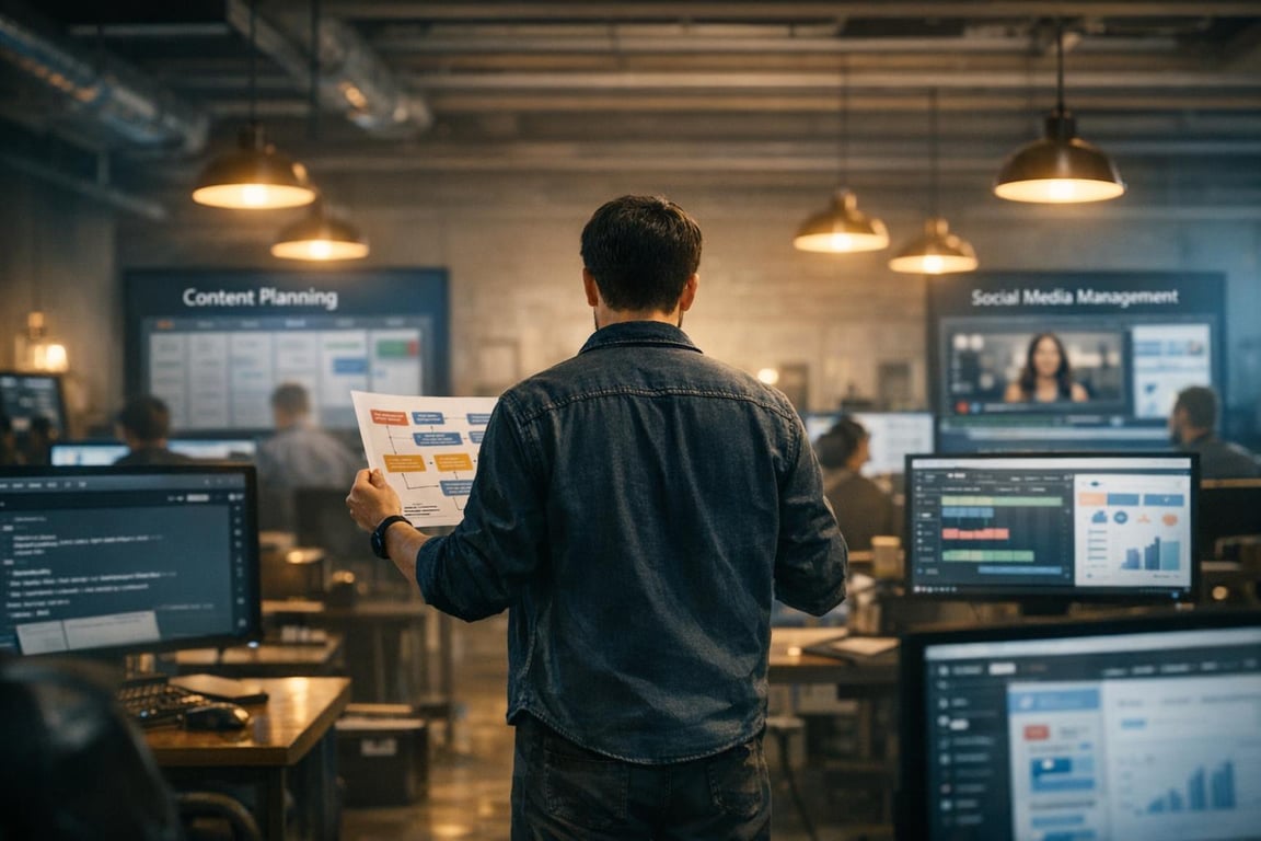 Man in denim jacket holding a flowchart paper in digital marketing office with content planning and social media management screens.