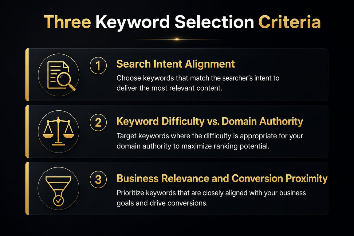 Infographic showing three keyword selection criteria: search intent alignment, keyword difficulty versus domain authority, and business relevance with icons