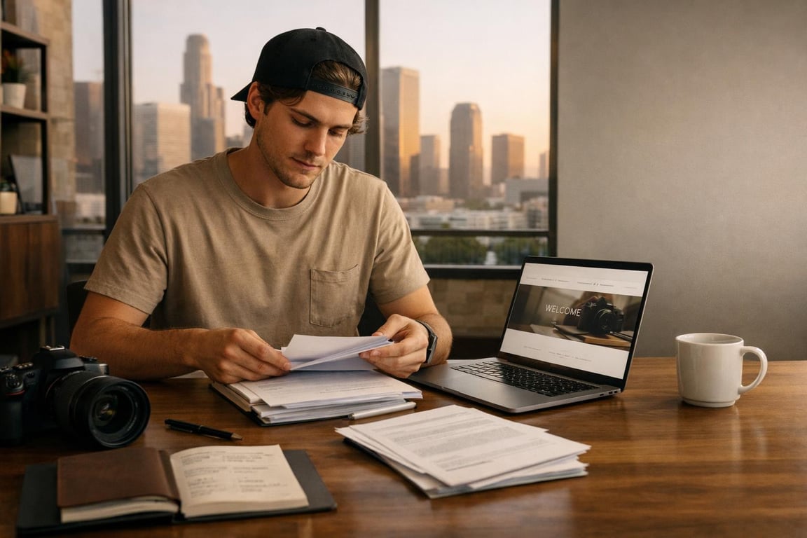 Man reviewing documents at a desk with a laptop, camera, and a view of the city skyline at sunset.