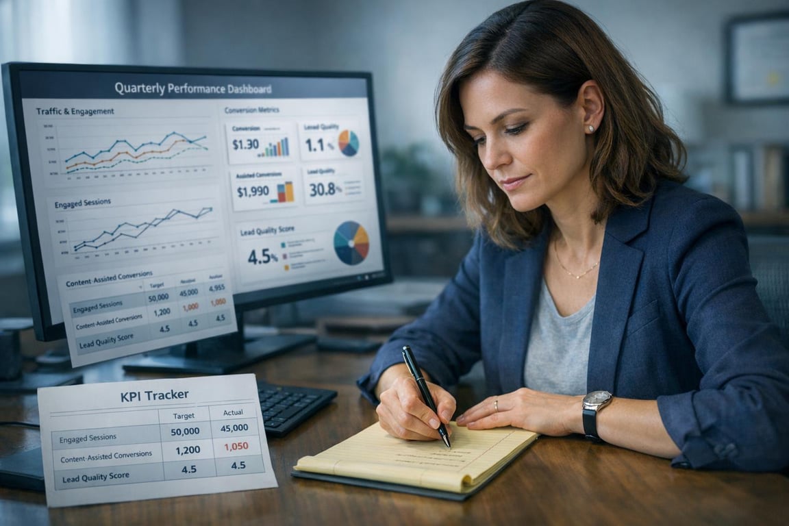 Businesswoman analyzing quarterly performance dashboard and KPI tracker while taking notes in office setting.