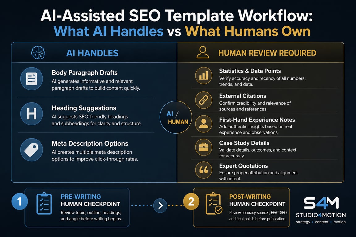 Infographic: AI-assisted SEO template workflow showing what AI handles vs what humans own