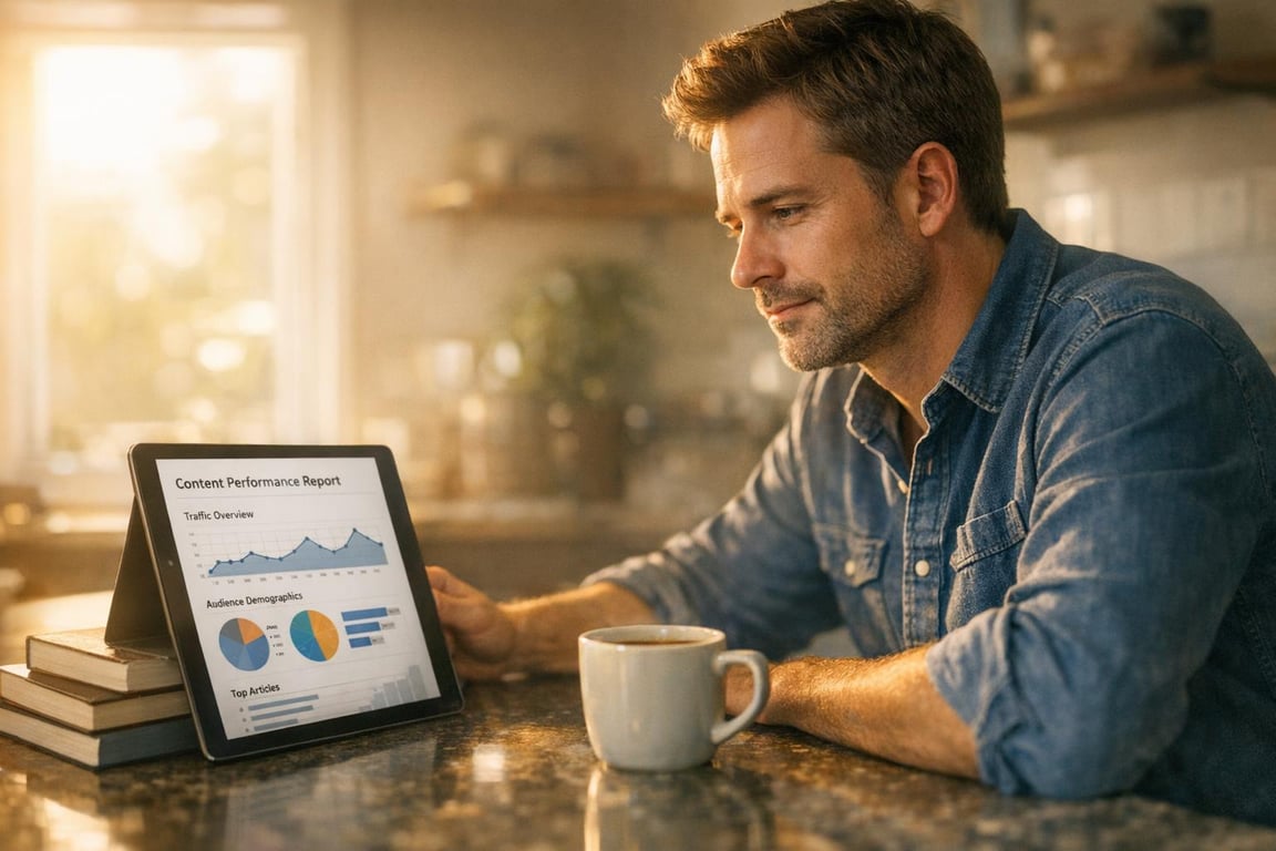 Man in denim shirt reviewing content performance report with charts and graphs on tablet at kitchen counter with coffee cup.