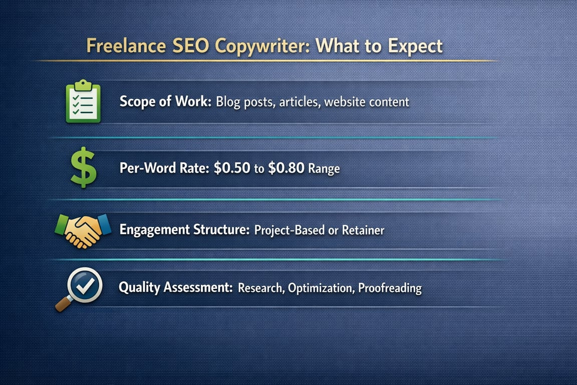 Freelance SEO copywriter details including scope of work, per-word rate, engagement structure, and quality assessment factors.