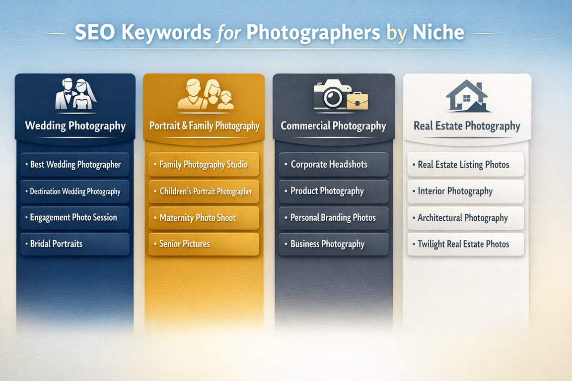 SEO keywords for photographers categorized by wedding, portrait & family, commercial, and real estate photography niches.