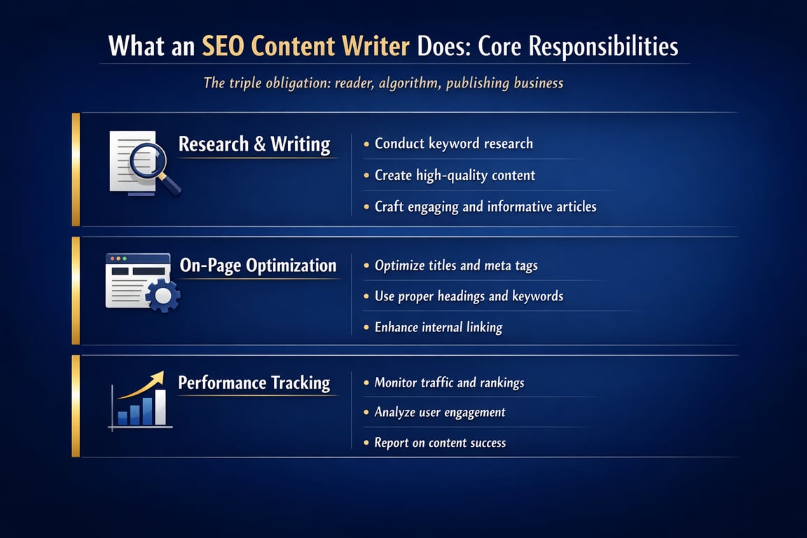 Core responsibilities of an SEO content writer including research, writing, on-page optimization, and performance tracking tasks.