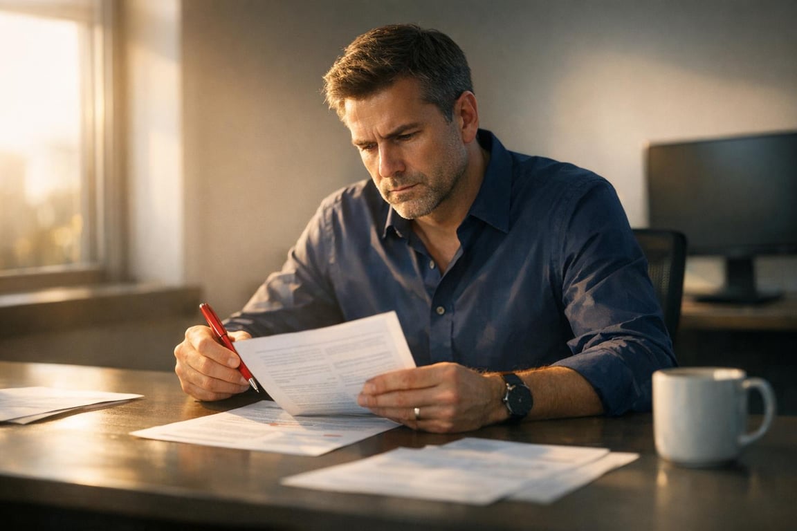 Man in navy shirt reviewing documents at a desk with a red pen and coffee mug in warm natural light.