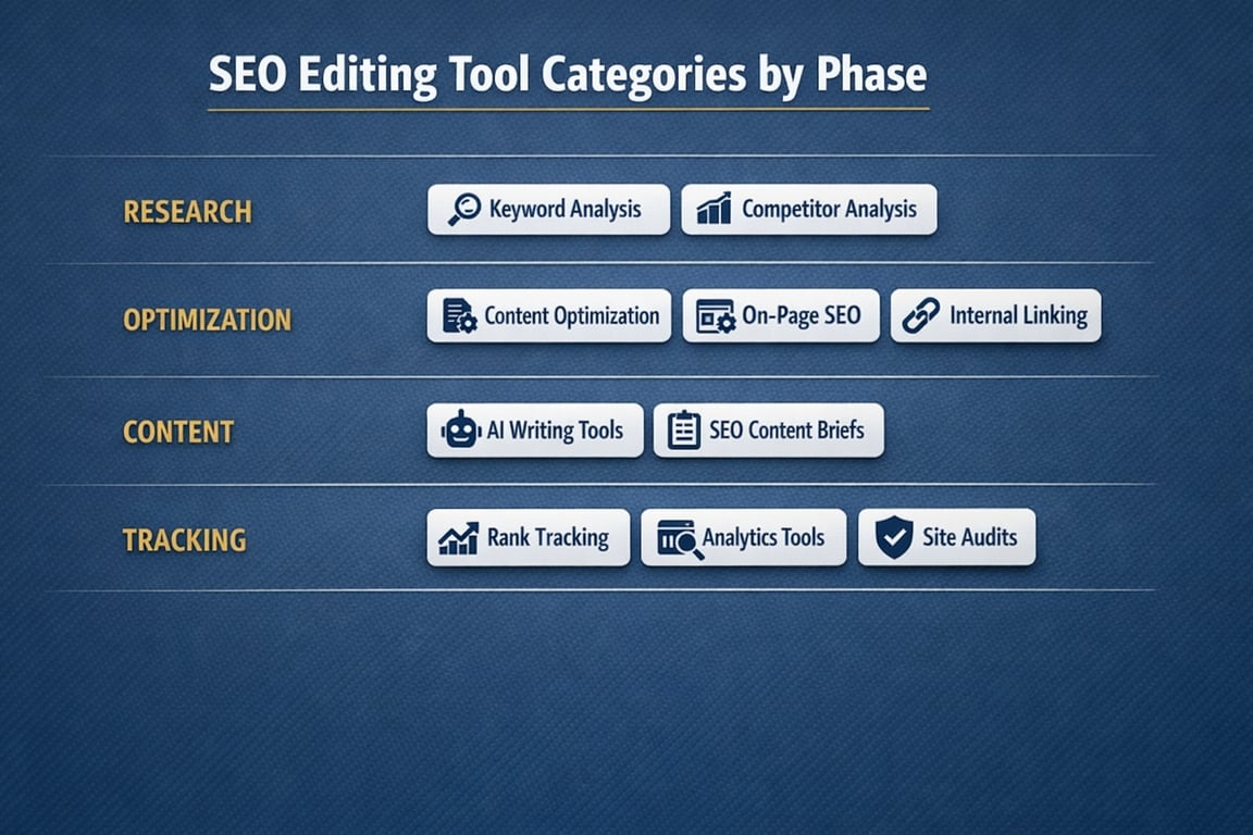 SEO editing tool categories by phase including research, optimization, content, and tracking with specific tool types listed.