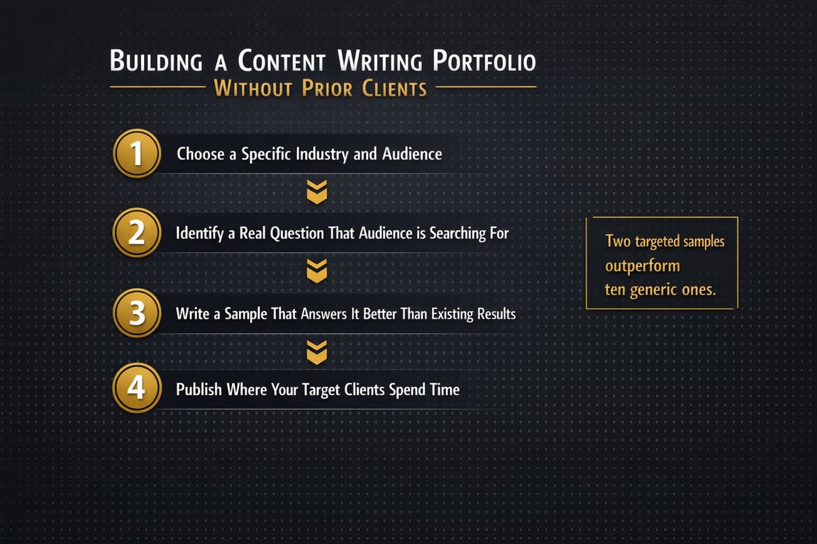 Steps for building a content writing portfolio without prior clients, including choosing industry, targeting questions, and publishing strategically.