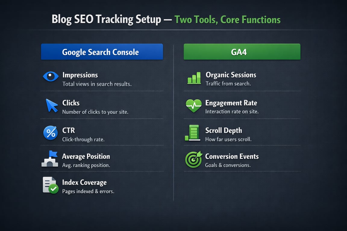 Blog SEO tracking setup comparing Google Search Console metrics and GA4 core functions for website performance monitoring.