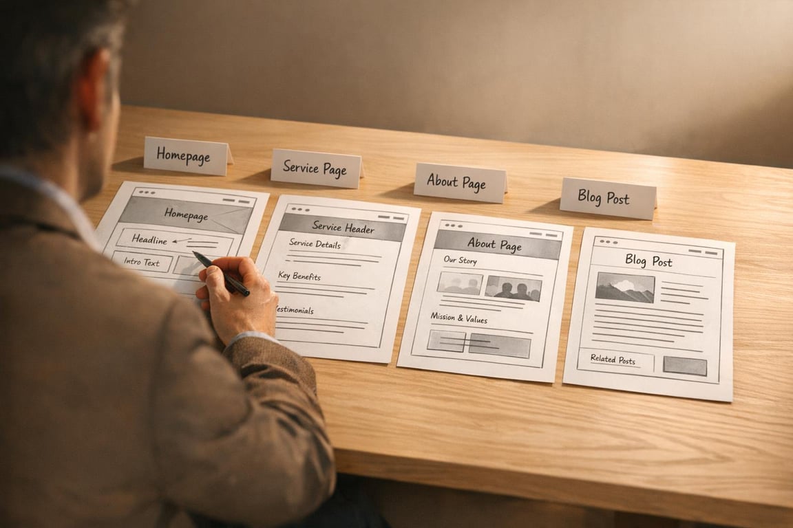 Person reviewing website wireframes labeled Homepage, Service Page, About Page, and Blog Post on a wooden table.