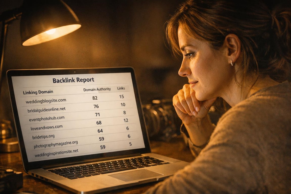 Woman reviewing a backlink report on laptop screen showing domain authority and number of links from wedding-related websites.