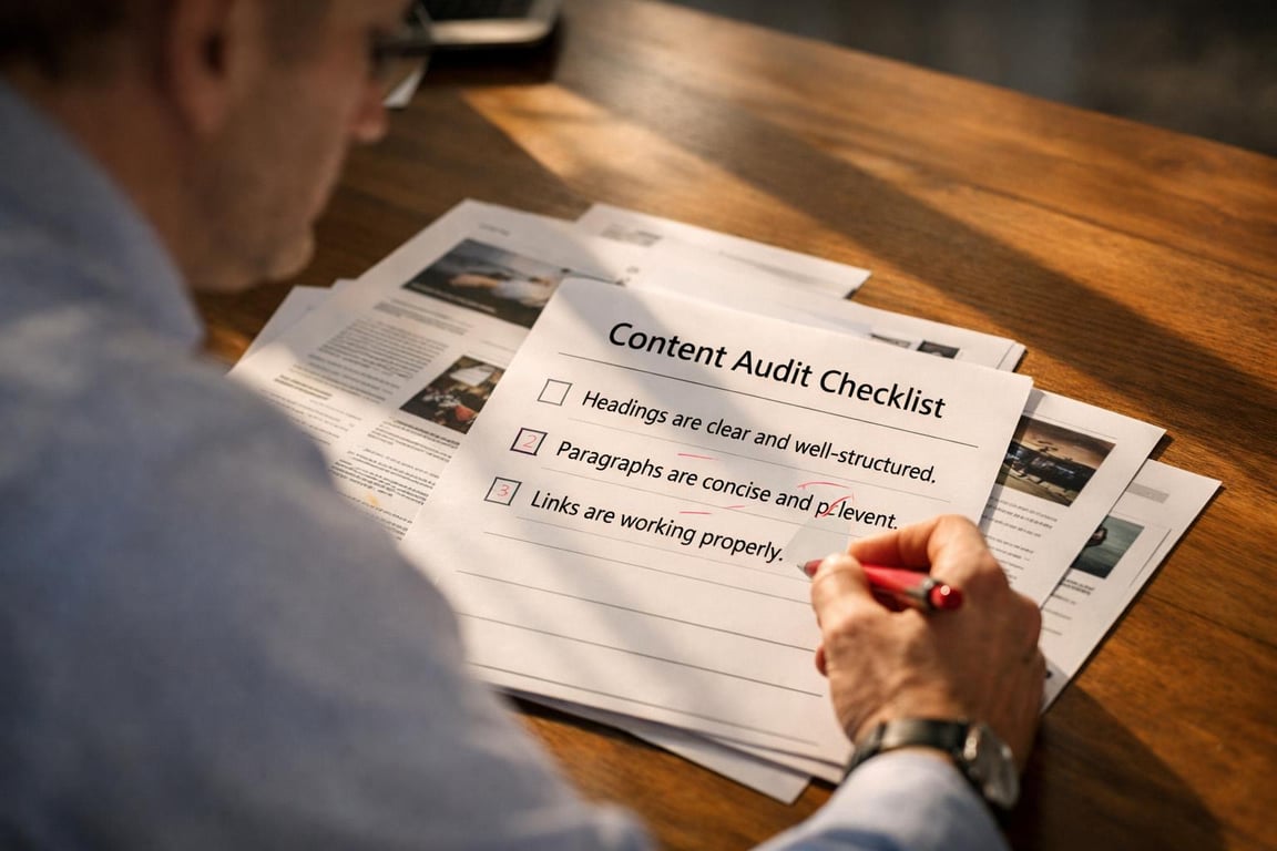 Person reviewing a content audit checklist with notes on headings, paragraphs, and links on a wooden desk.