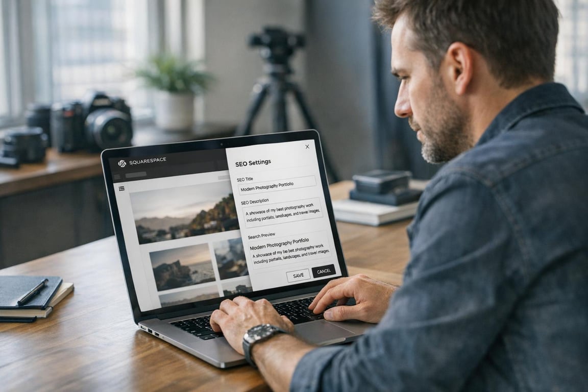 Man updating SEO settings for a modern photography portfolio on a laptop in a bright workspace with cameras nearby.