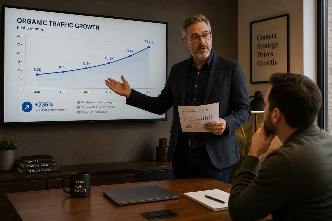 SEO copywriter presenting organic traffic growth results to a client in a conference room with a line graph on screen