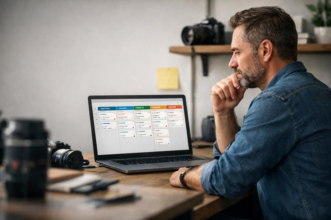 Man in denim shirt using laptop showing project management board with task columns at wooden desk.
