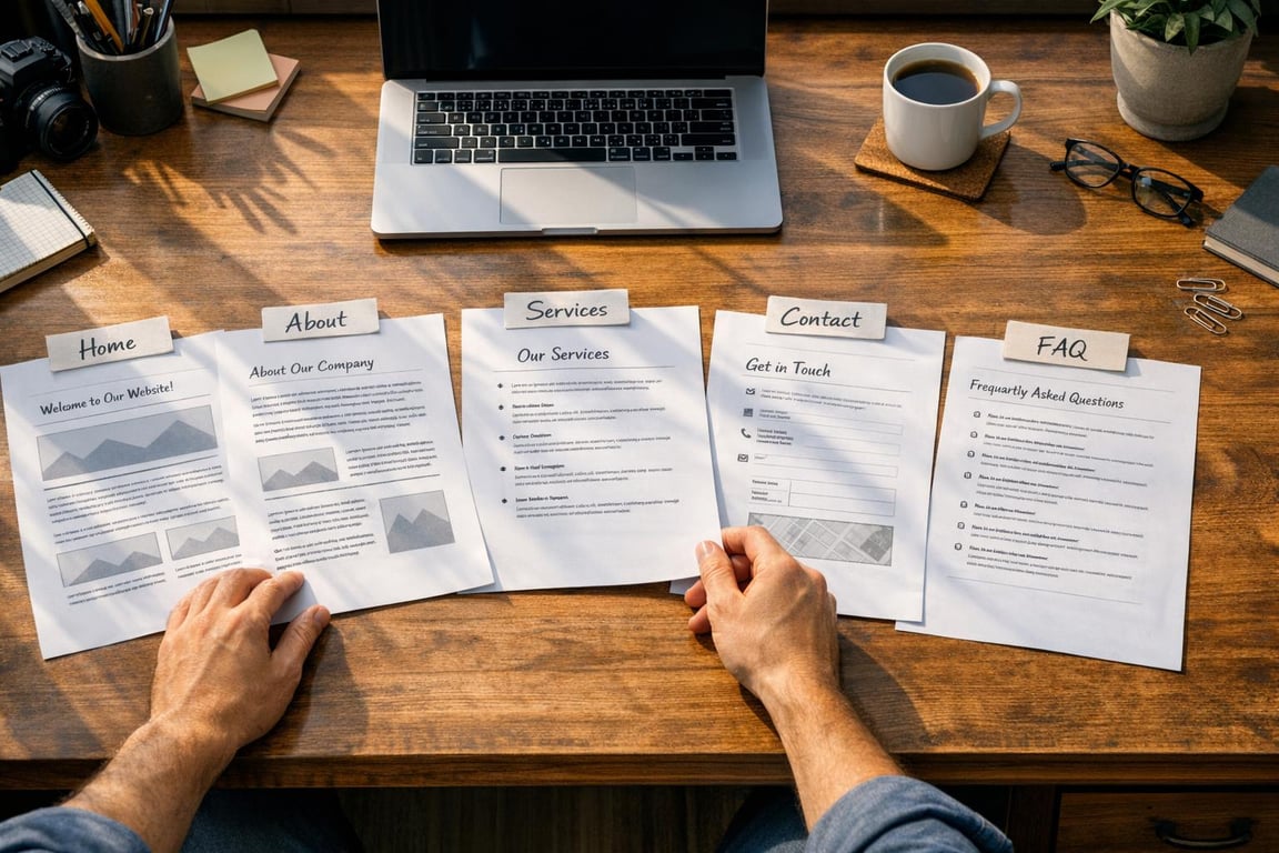 Hands holding website layout printouts labeled Home, About, Services, Contact, and FAQ on a wooden desk with laptop and coffee.