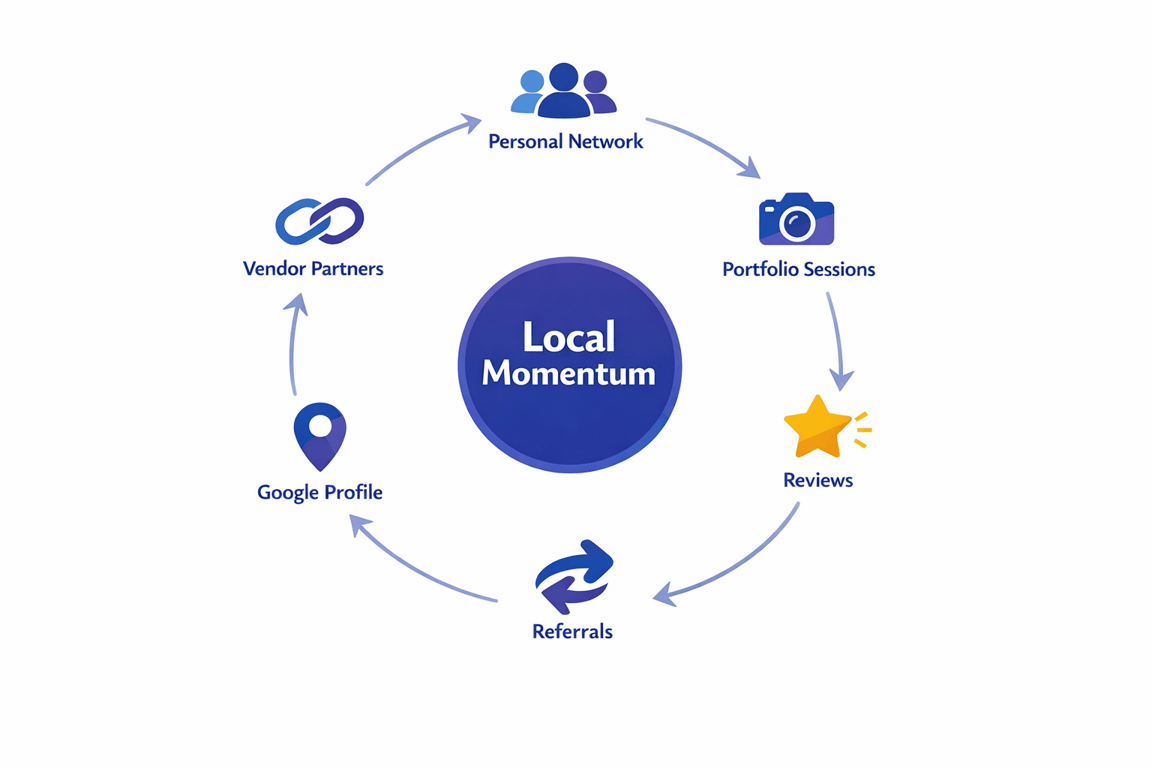 Graphic illustrating the Local Momentum cycle with elements: Personal Network, Vendor Partners, Google Profile, Reviews, Portfolio Sessions, and Referrals.