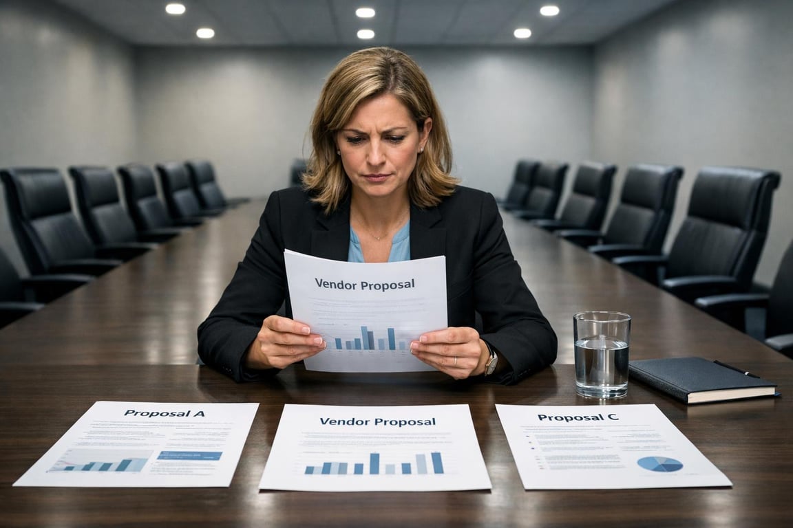 Businesswoman reviewing vendor proposals with charts in a modern conference room, surrounded by empty chairs.
