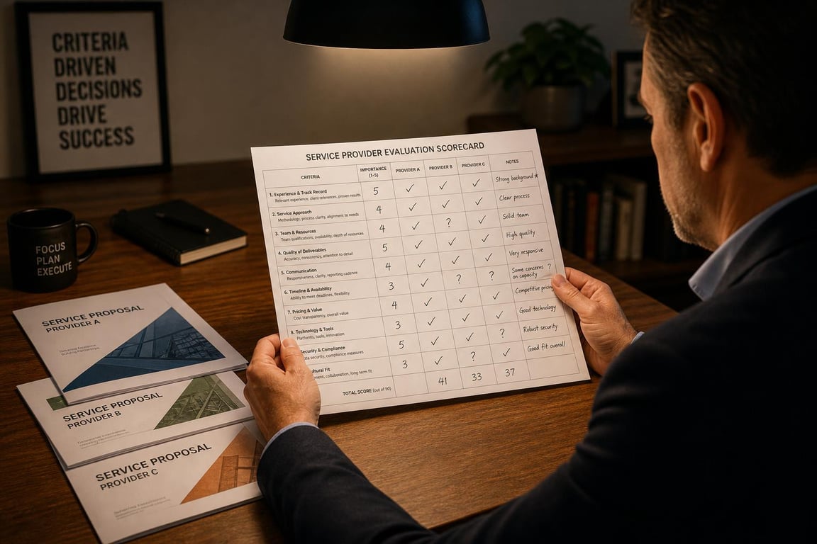 Business owner holding a printed content creation service evaluation scorecard with handwritten criteria notes during vendor review