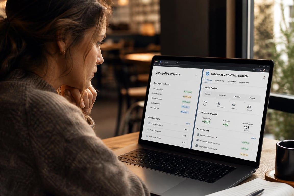 SEO content specialist comparing two article writing platform interfaces side by side on a laptop at a quiet cafe table