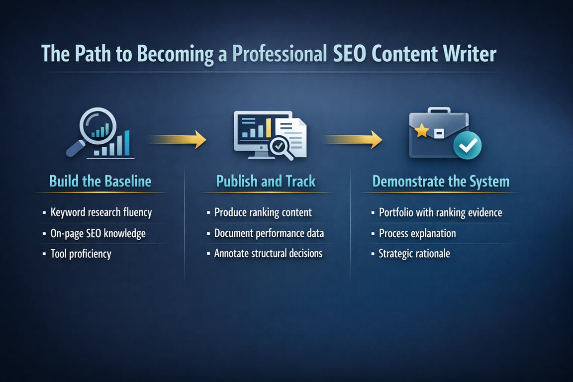 Steps to become a professional SEO content writer including baseline skills, publishing content, tracking, and demonstrating system effectiveness.