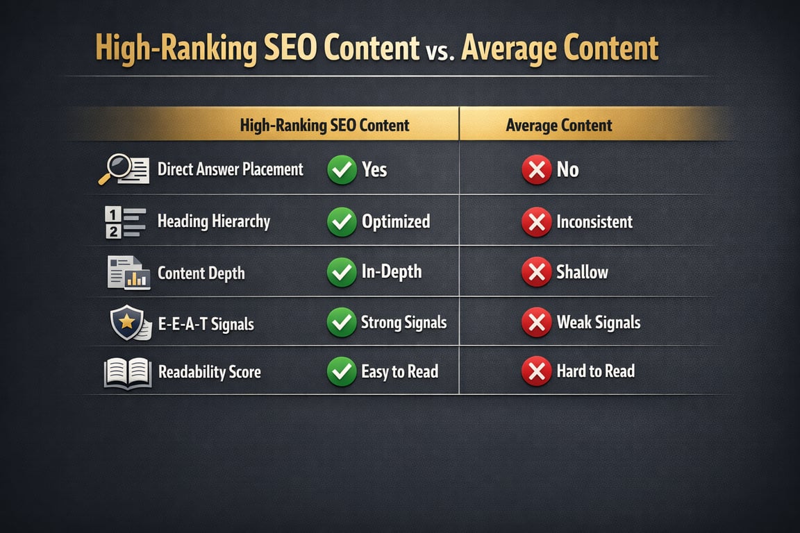 Comparison chart showing high-ranking SEO content with direct answers, optimized headings, in-depth content, strong E-E-A-T signals, and easy readability versus average content.