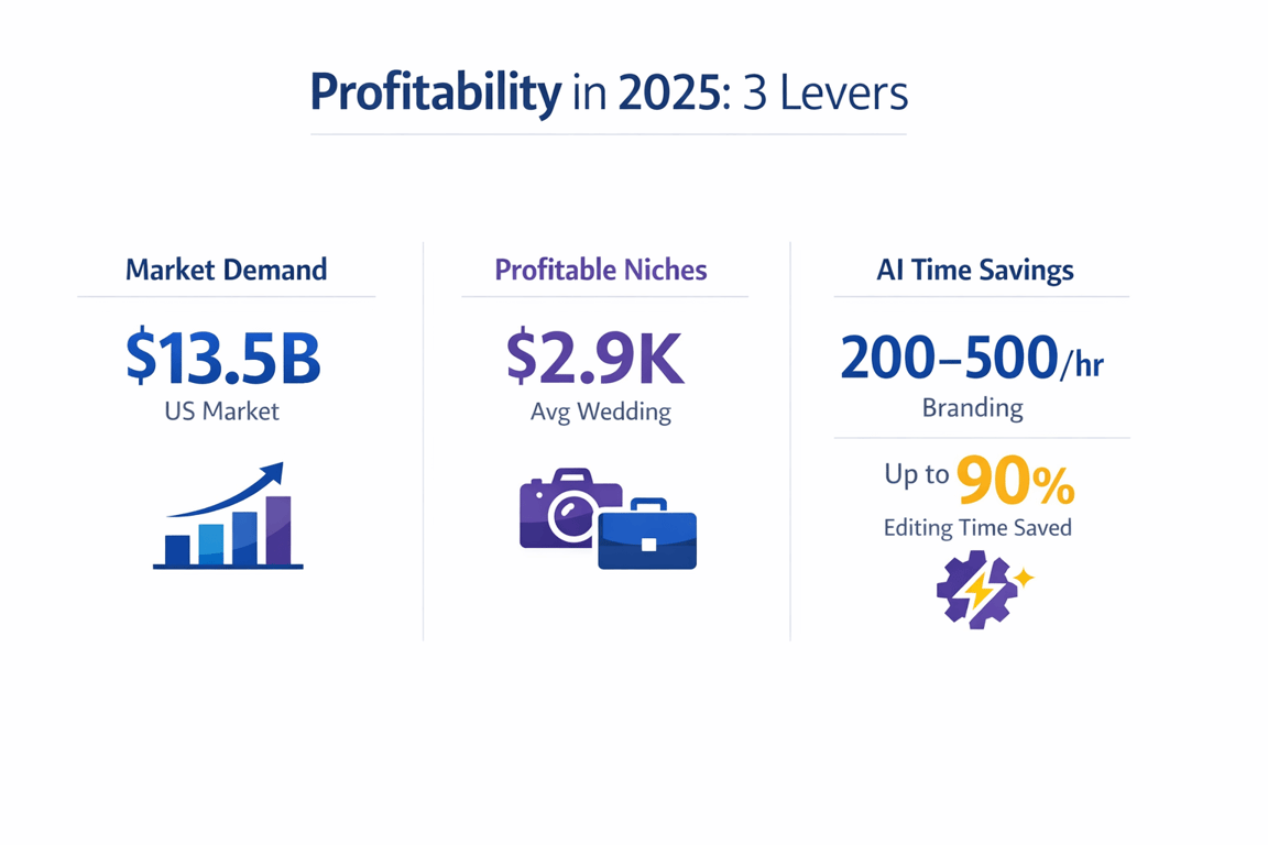 Infographic highlighting profitability metrics for 2025: market demand, average wedding costs, and AI time savings.