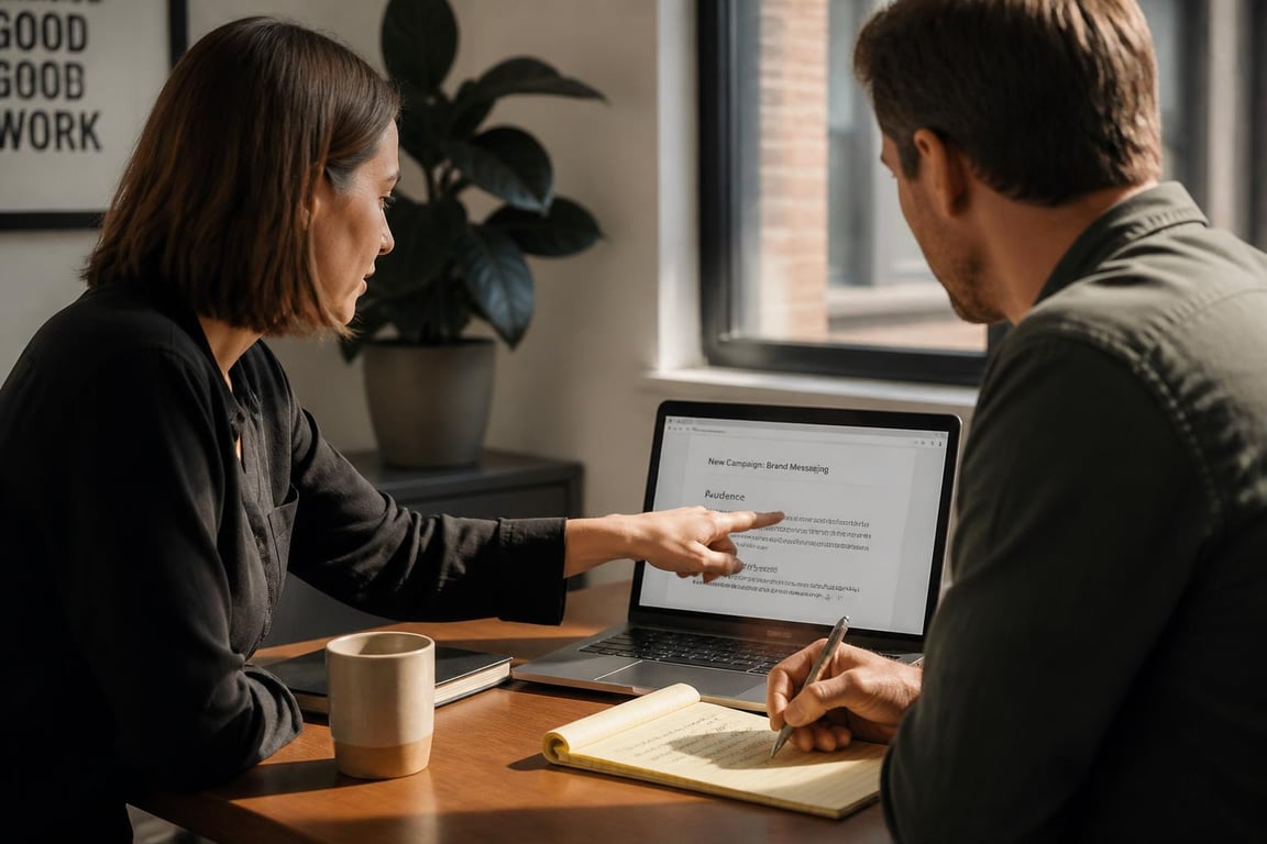 A freelance SEO copywriter and a marketing strategist review content together at a shared laptop in a small agency workspace