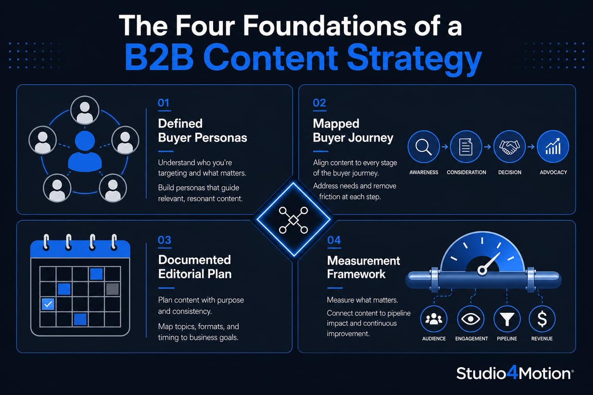 Infographic showing the four foundations of a B2B content marketing strategy: personas, buyer journey, editorial plan, and measurement