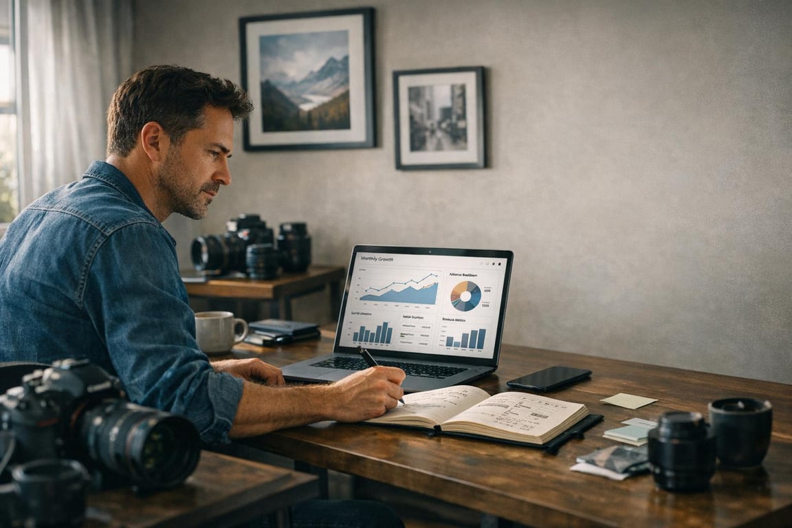 Man working at wooden desk with laptop displaying growth charts, writing in notebook surrounded by camera equipment and accessories.