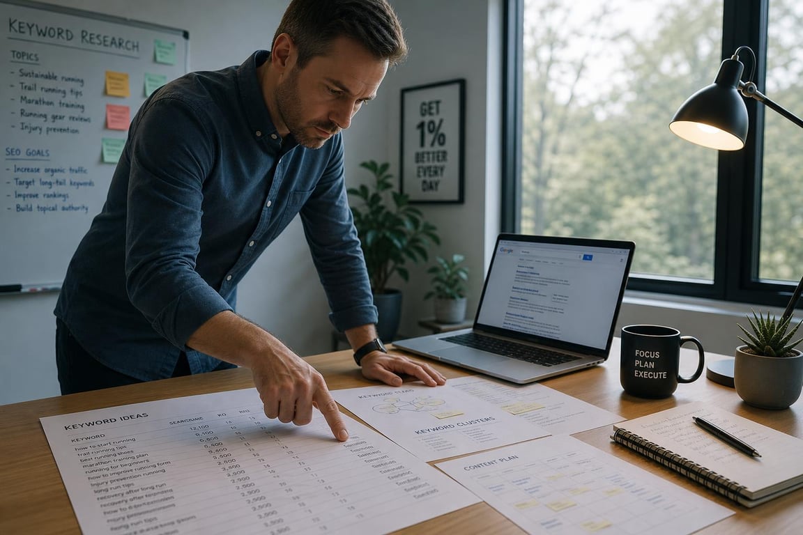 An SEO content writer reviewing printed keyword research notes alongside a laptop showing a Google search results page