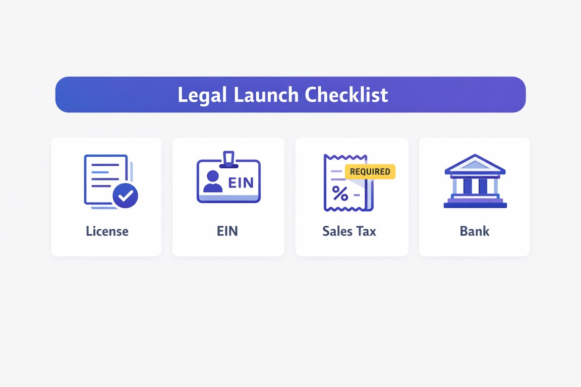 Legal launch checklist featuring icons for License, EIN, Sales Tax, and Bank.