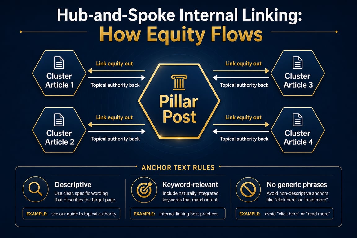 Hub spoke internal linking infographic, internal linking strategy blog posts