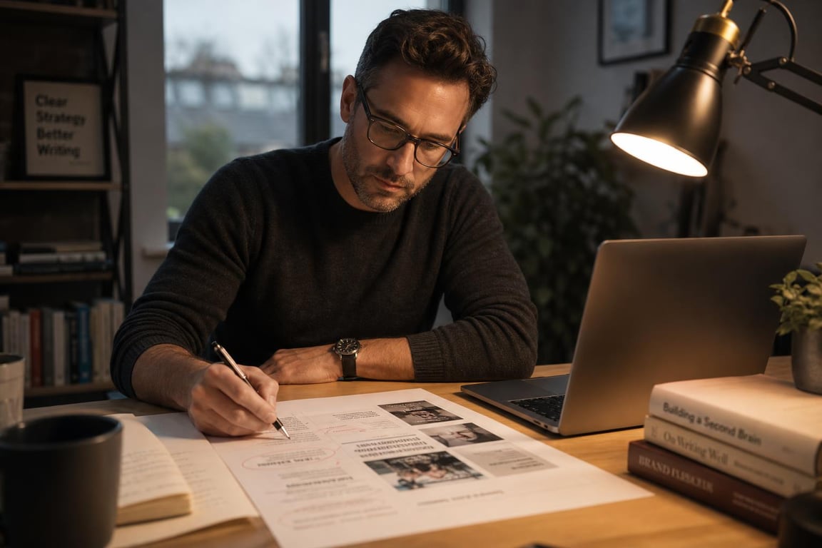 Copywriter reviewing portfolio layout — freelance copywriter portfolio pages
