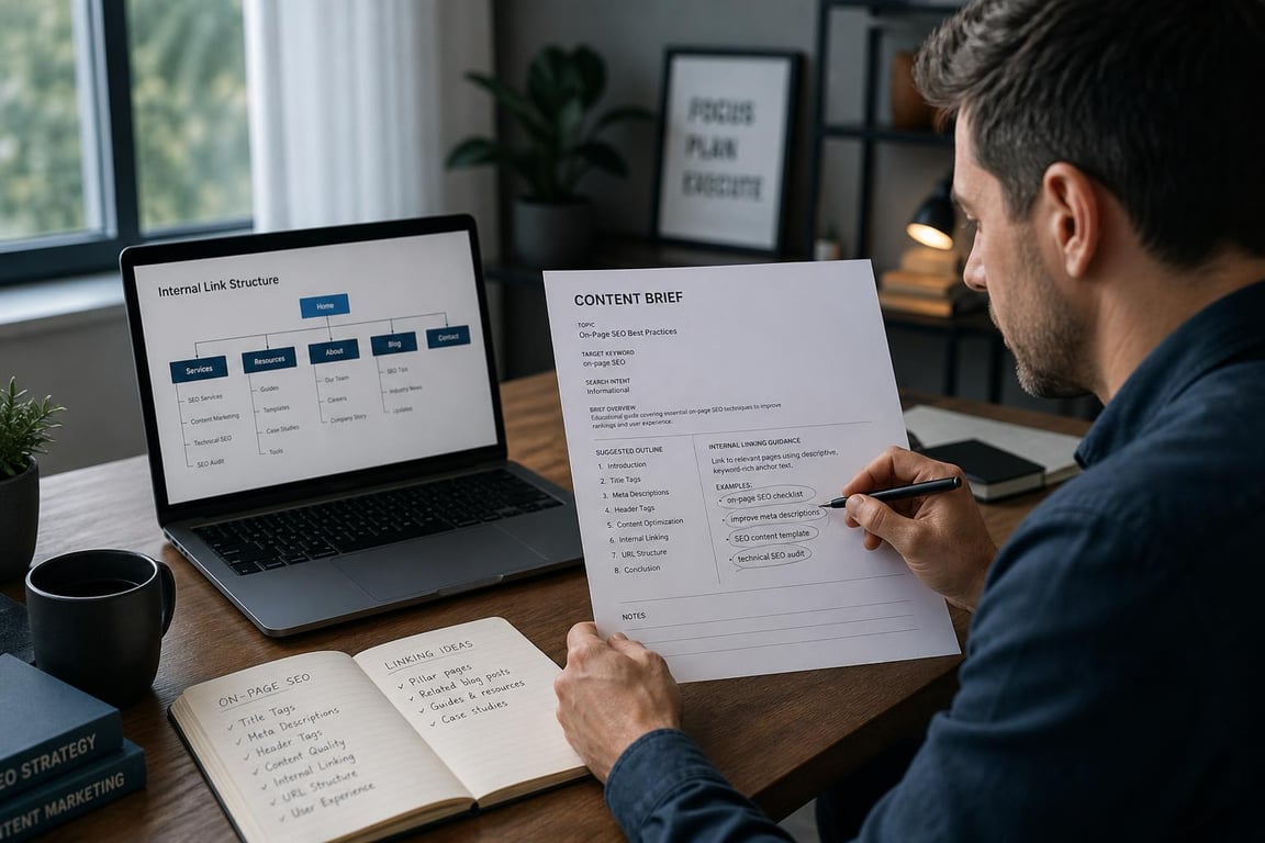 An SEO content writer annotating a content brief and reviewing internal link structure on a laptop during the planning phase