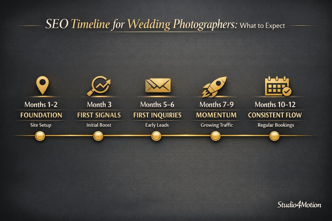 SEO timeline for wedding photographers showing stages from foundation and first signals to momentum and consistent flow over 12 months.