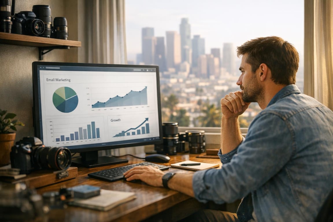 Man analyzing email marketing and growth charts on desktop in a modern home office with city skyline view.