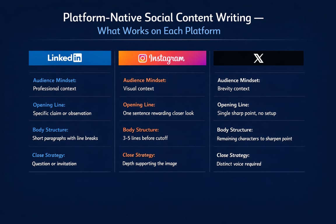 Key elements for platform-native social content writing on LinkedIn, Instagram, and X including audience mindset and body structure.