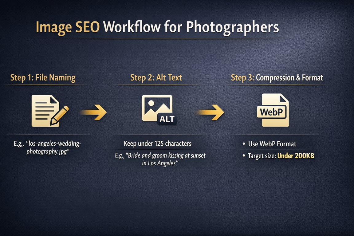Image SEO workflow for photographers including file naming, alt text under 125 characters, and using WebP format under 200KB.