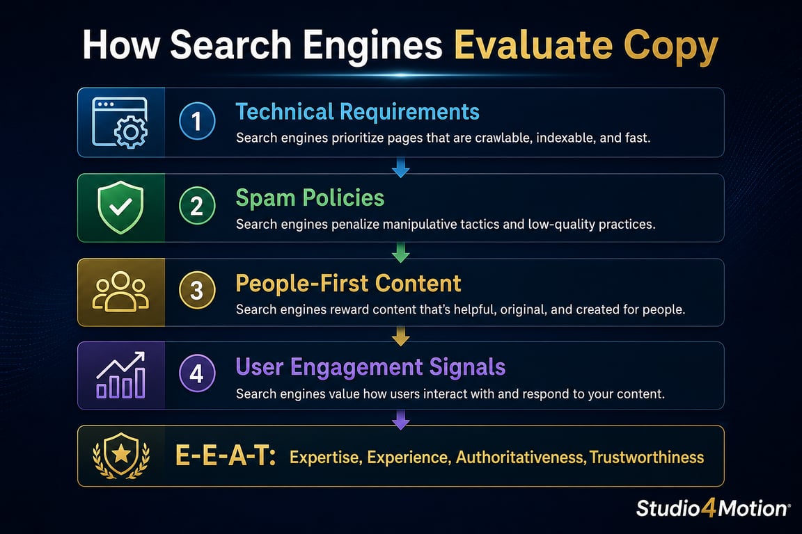 Infographic showing four tiers of how search engines evaluate copy, including E-E-A-T signals, on a navy background