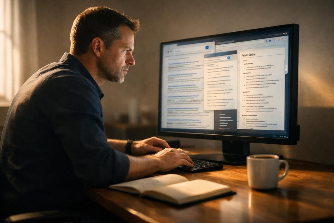 Man working at desk with a large monitor displaying article outline and research notes, open notebook and coffee cup nearby.