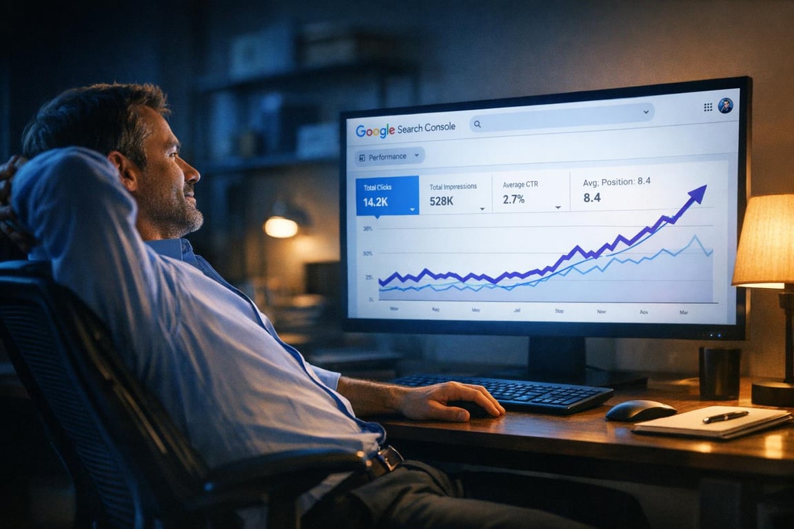 Man analyzing upward trending performance data on Google Search Console displayed on computer monitor at desk.