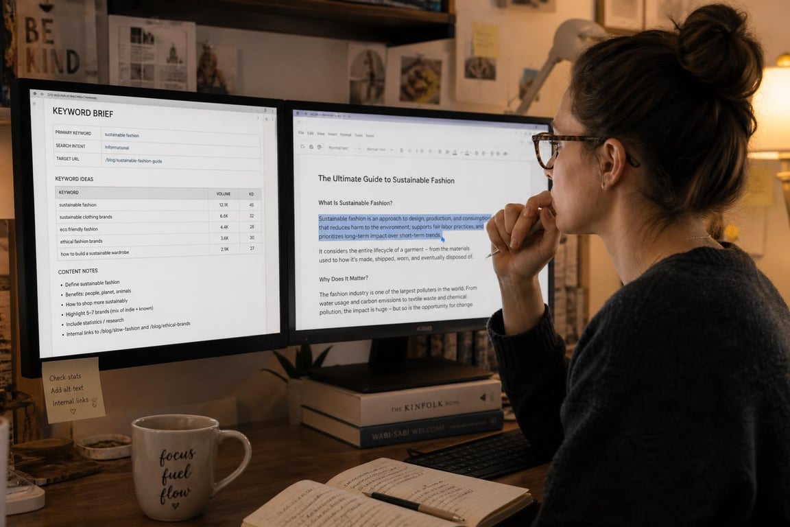 Freelance SEO copywriter pausing to review an article draft on a second monitor while a keyword brief is open on the first screen