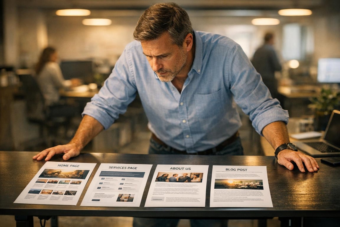 Man in blue shirt analyzing printed website layouts labeled Home Page, Services Page, About Us, and Blog Post on desk.