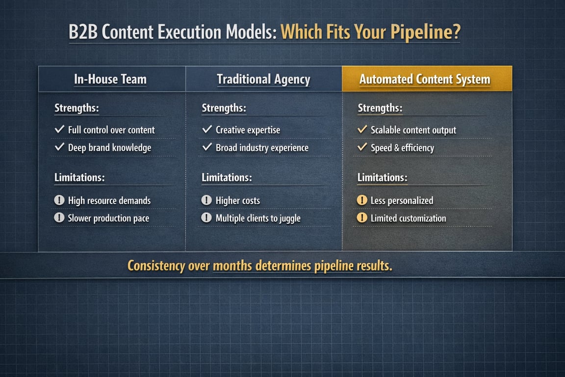 Comparison of B2B content execution models listing strengths and limitations for In-House Team, Traditional Agency, and Automated Content System.