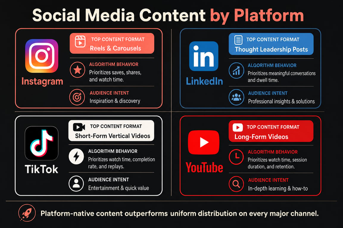 Infographic comparing social media content formats and algorithm behaviors across Instagram, LinkedIn, TikTok, and YouTube platforms