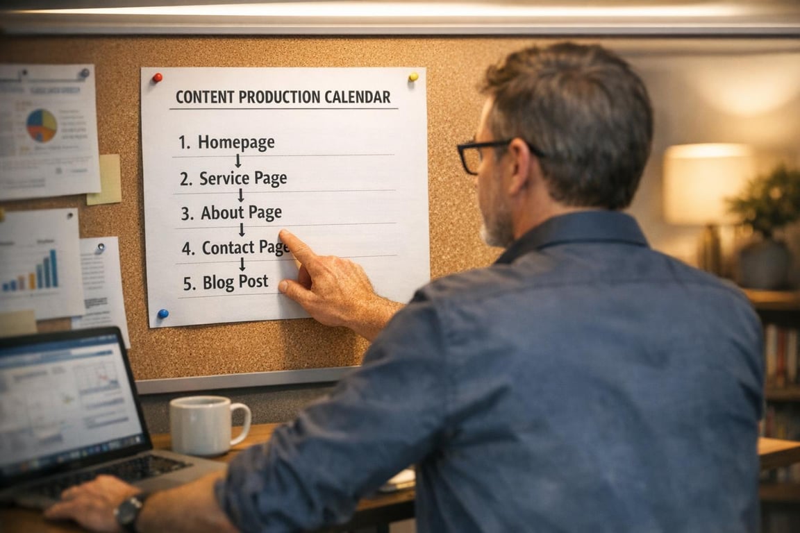 Man pointing at a content production calendar pinned on a corkboard with laptop and coffee cup on desk.